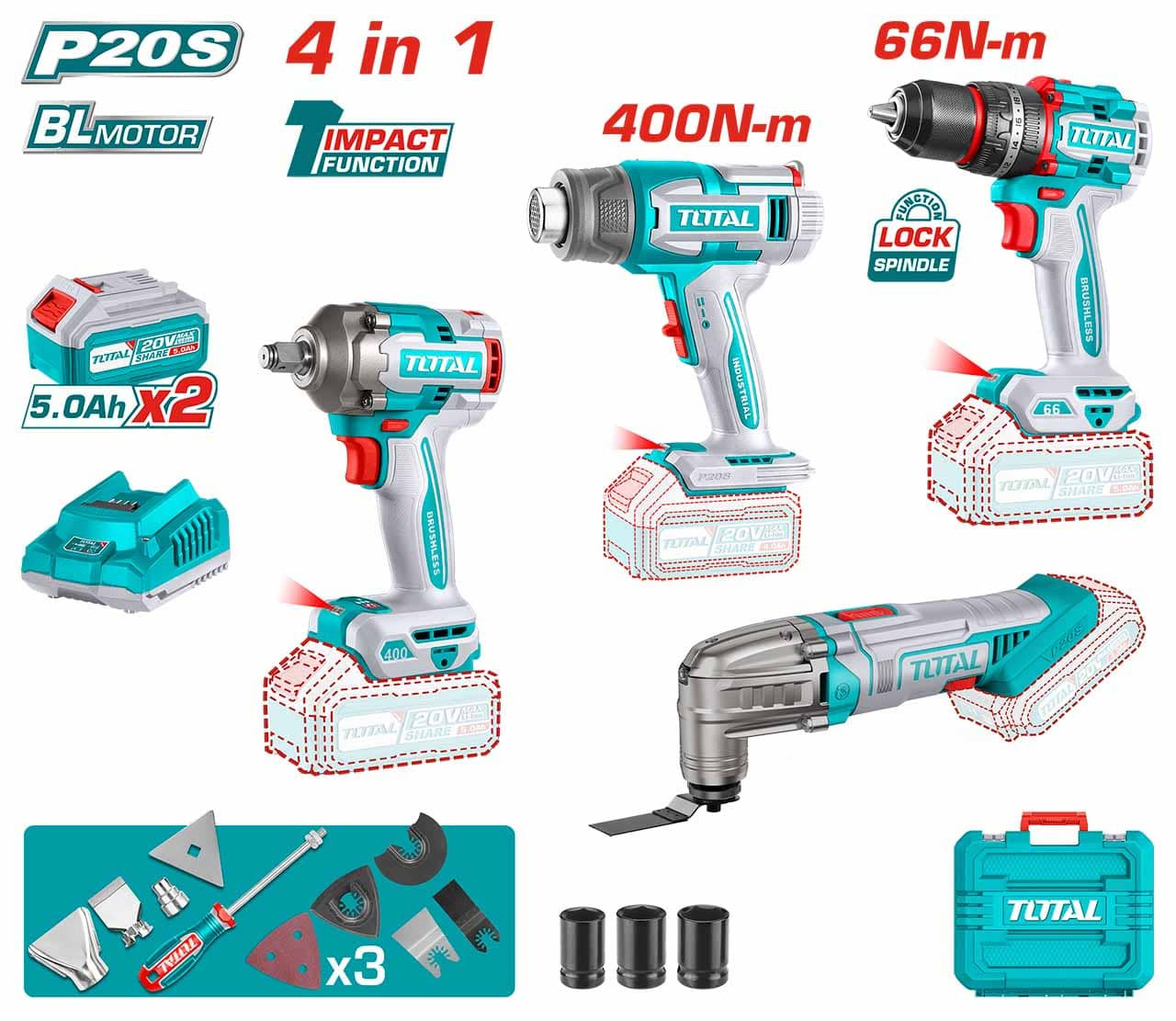 Total 4 PCS LI-ION CORDLESS COMBO KIT 20V-TOSLI240969