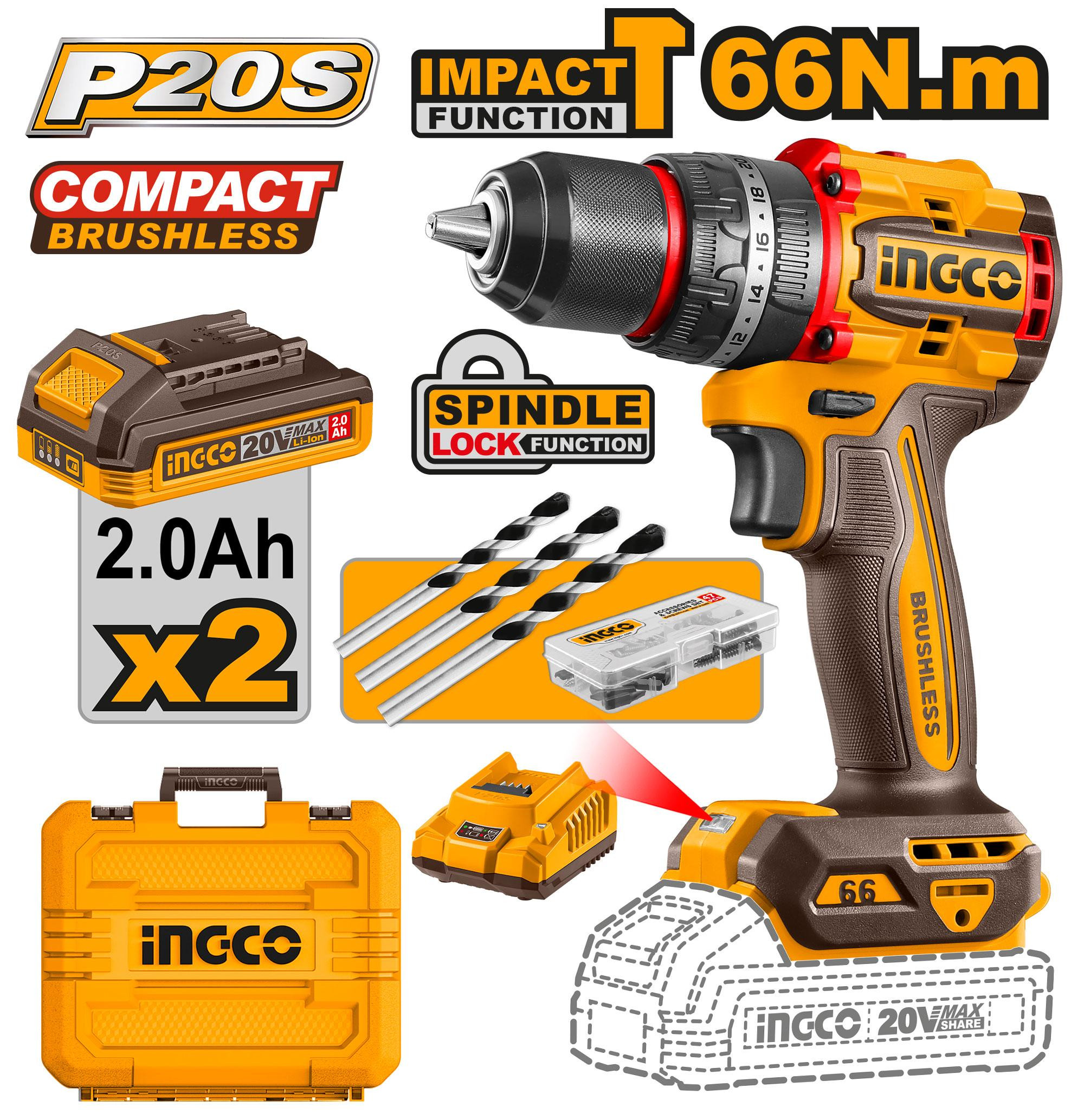 Ingco COMPACT BRUSHLESS IMPACT DRILL 20V-CIDLI20668