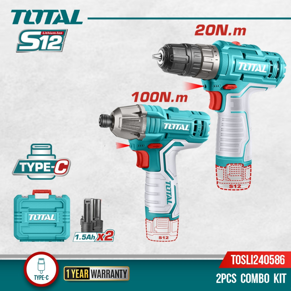 Total 2PCS LI-ION CORDLESS DRILL+IMPACT DRIVER 12V-TOSLI240205