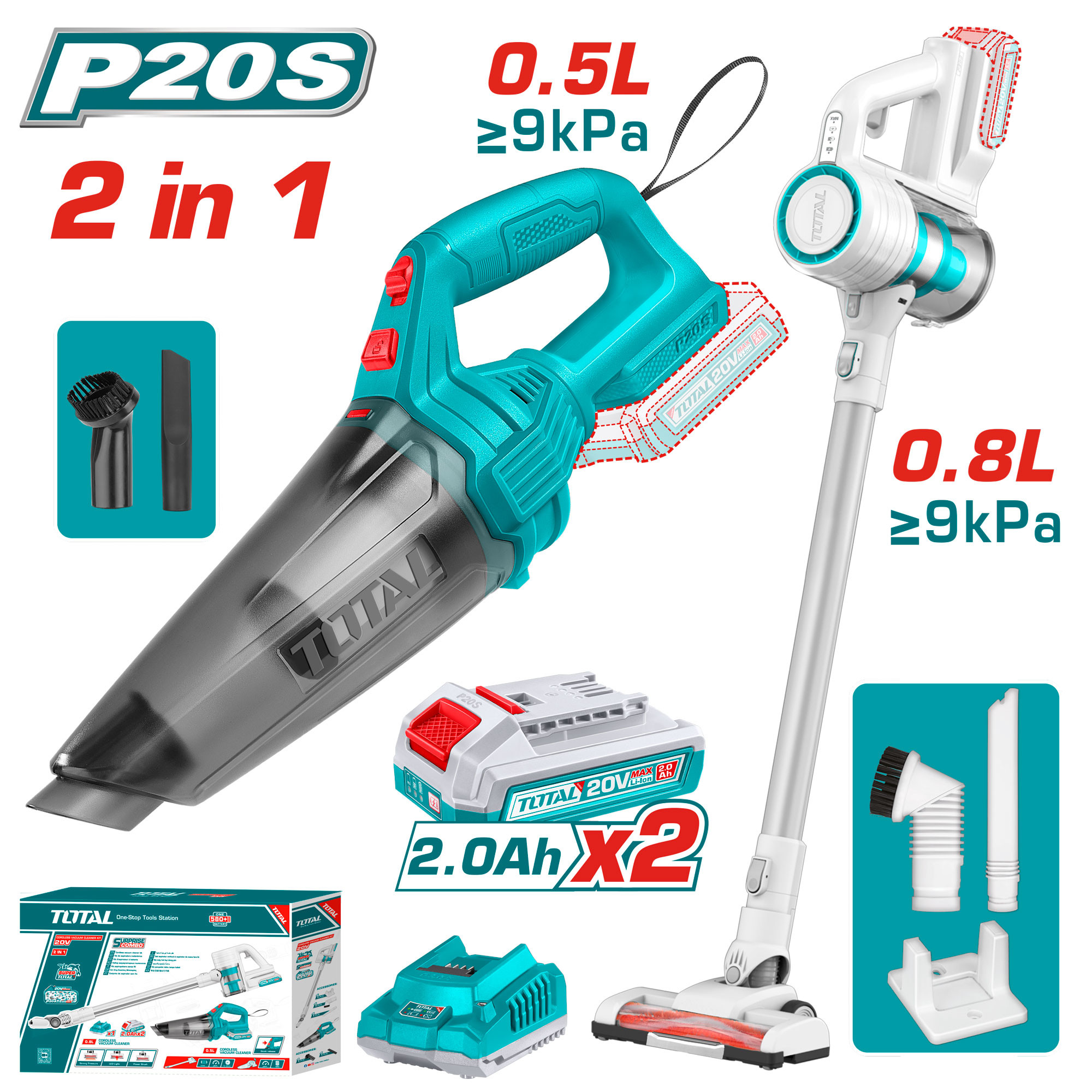 Total 2 Pcs Cordless Vacuum Cleaner Kit 20V-TOSLI29832